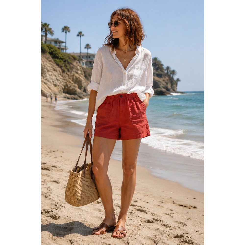 Madewell Burnt Orange Linen Shorts Size Small Pull On Elastic Waist Summer